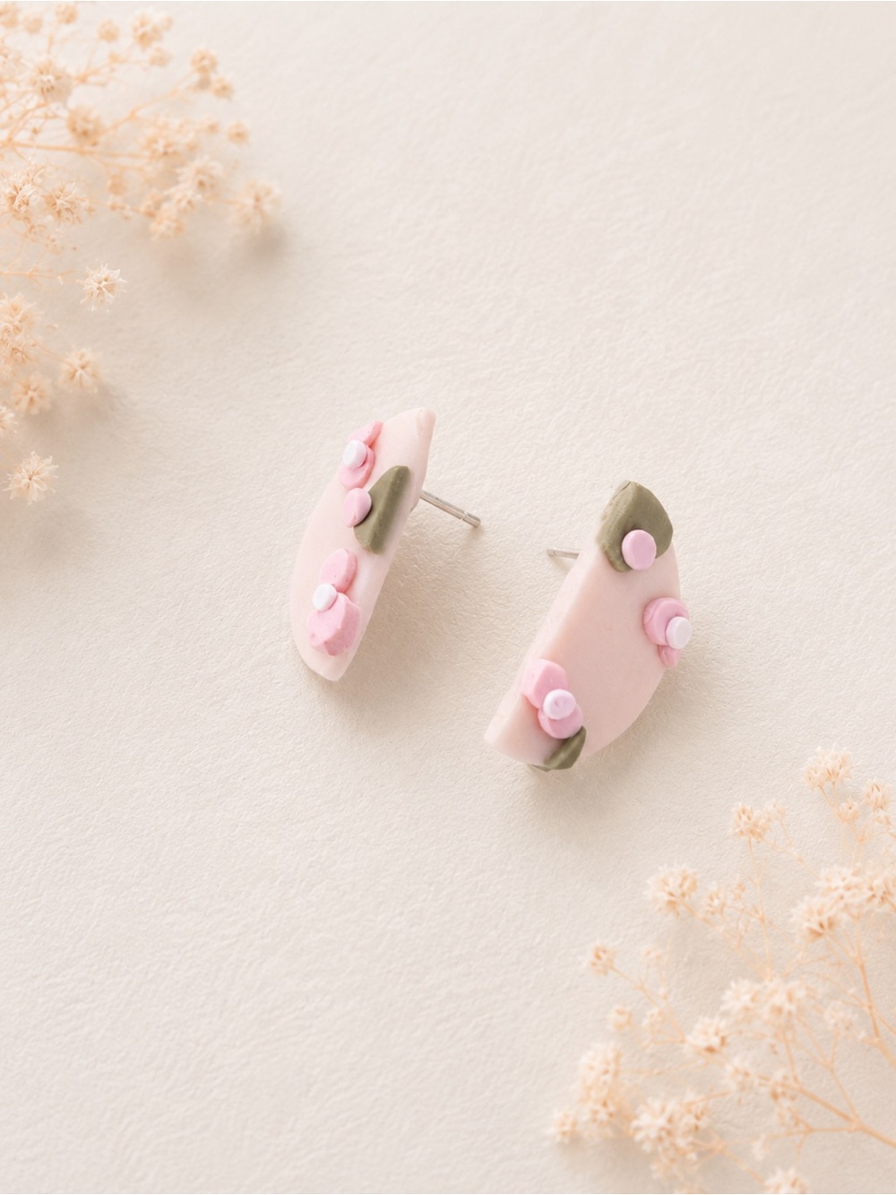 Handmade Pink Floral Half-Moon Stud Earrings